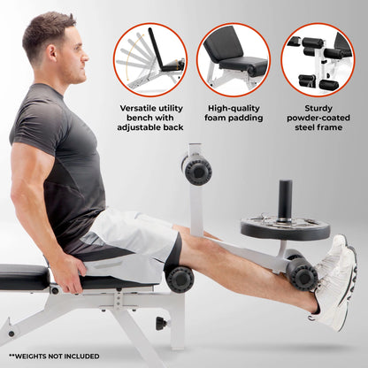 Foldable and Adjustable Weight Bench with Leg Extension, White/Black